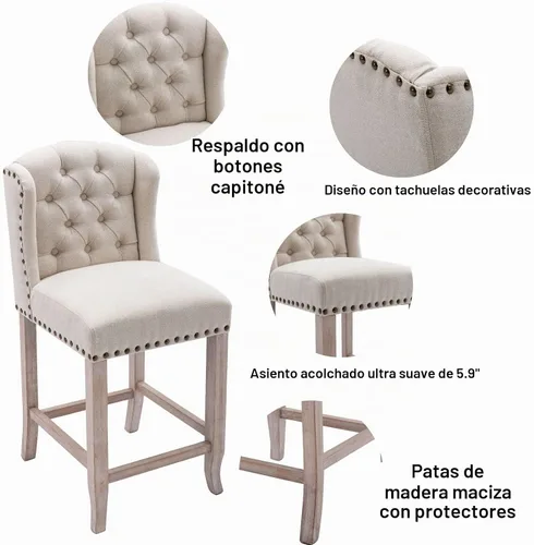 Vista 5 de LukeAlon Juego de 4 taburetes de lino con respaldo copetudo de 26 pulgadas, color beige
