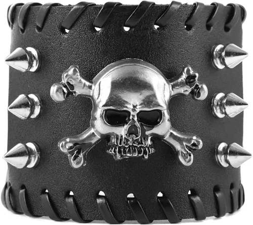 Vista 3 de Negro remaches de metal tachuelas punk rock biker cinturón ancho cuero pulsera guardia correa de muñeca calavera