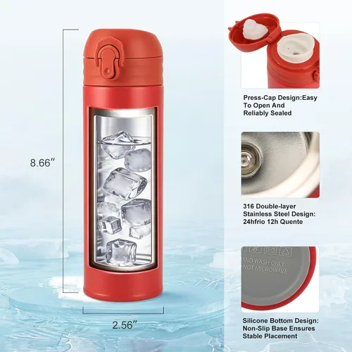 Vista 12 de GOOFIT Botella de agua de acero inoxidable para niños de 16 onzas, doble pared aislada al vacío, tapa a presión con anillo de bloqueo, sin BPA, a