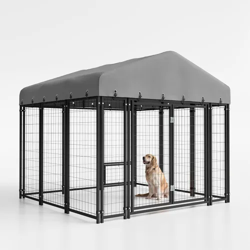 Vista 7 de Perrera para perros de 6 x 6 pies, para exteriores, con alimentación, resistente al aire libre, jaula duradera para perros con techo y doble