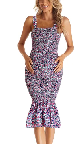 Vista 3 de Vestido de maternidad sin mangas con tirantes florales midi bodycon cuello cuadrado volantes sirena vestido fruncido para baby shower