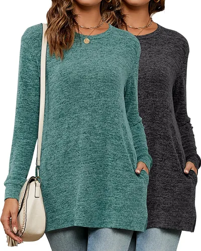 Vista 2 de 2 sudaderas casuales de manga larga para mujer, cuello redondo, sin botones, con bolsillos laterales, túnica de otoño
