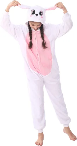 Vista 5 de WOYASIM Disfraz de conejo de franela para niños, disfraz de animal para niñas y niños, Halloween, conejo de Pascua