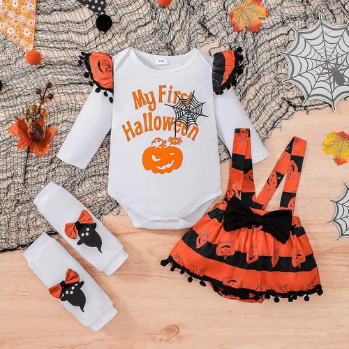 Vista 2 de My First Halloween Baby Girl Outfits Newborn 1st Halloween Dress Ruffle Romper Pumpkin Suspender Skirt 0-18 Months