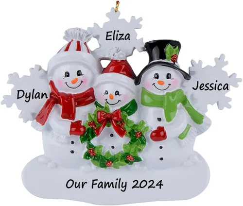 Vista 4 de Adornos personalizados de muñeco de nieve de Navidad, muñeco de nieve de 2024 familia de 2 con adorno de copos de nieve, adorno de pareja de muñeco