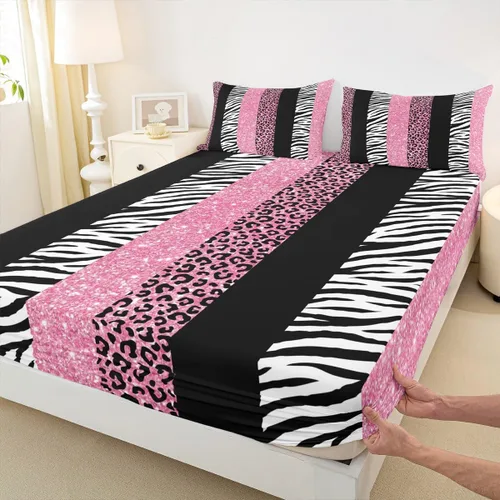 Vista 9 de Sábana bajera ajustable para niños, tamaño individual, diseño de cebra y leopardo con purpurina, decoración de habitación para niñas y mujeres, A1