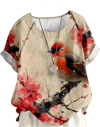 Vista 35 de domirica Flower Bird Printed Loose Boho Shirts Women Plus Size Summer Crew Neck Short Sleeve Blouses Colorido