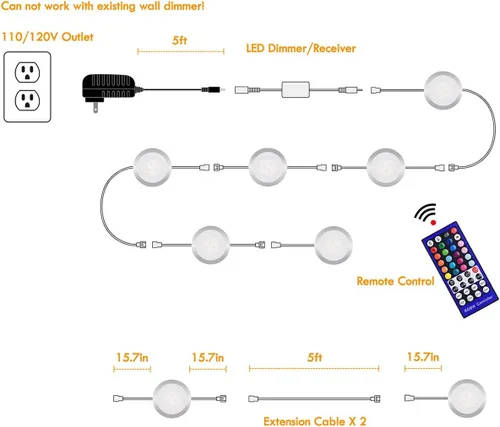 Vista 3 de RGBWW - Kit de luces LED para debajo del gabinete, iluminación de vitrinas de colección, multicolor intercambiable y blanco cálido, regulable