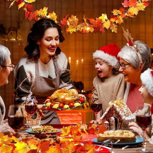 Vista 4 de Paquete de 2 guirnaldas de hojas de otoño con luces, funciona con pilas, decoración de Acción de Gracias Extra Long 23.6Ft Maple Garland with