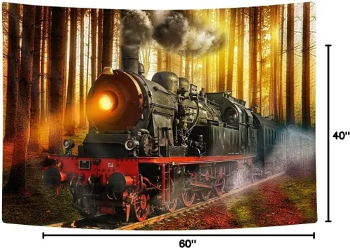 Vista 6 de Bzhilja Tapiz de tren de vapor, tapiz vintage retro antiguo de tren de motor, antiguo tren antiguo en vías de ferrocarril, tren expreso, tren