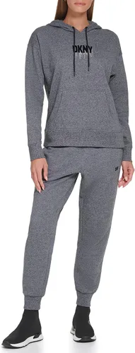 Vista 4 de DKNY Suéter de manga larga con capucha y cordón para mujer, de mezcla de algodón marfil, con bolsillos y cordón