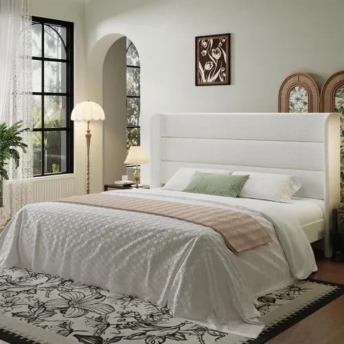 Vista 9 de SHA CERLIN - Base de cama tamaño Full con cabecera tapizada en terciopelo y diseño acanalado vertical; plataforma de cama tapizada con listones