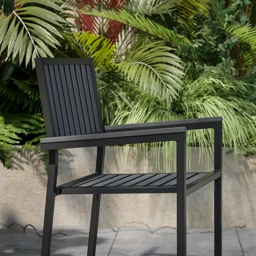 Vista 6 de Flash Furniture Harris - Juego de 2 sillas comerciales para interiores y exteriores, respaldo y asiento con listones de poliresina negra, marco