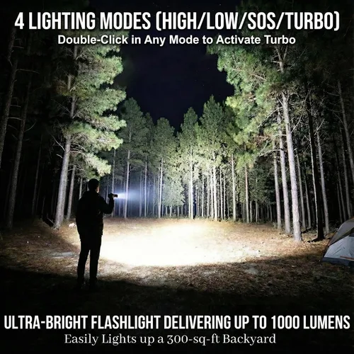 Vista 2 de SuperFire 1000 lúmenes, linternas LED recargables súper brillantes, linterna táctica con zoom con potentes chips, linterna de bolsillo de 4 modos