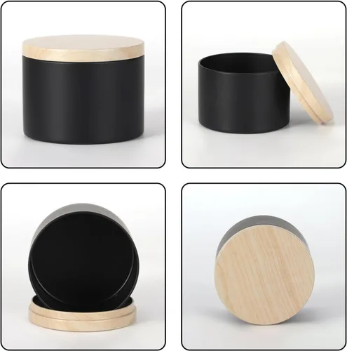 Vista 3 de SONVIIBOX 24 latas de velas de 4 onzas, latas negras con tapas de metal de grano de madera, tarros de velas para hacer velas a granel, tarros