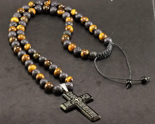 Vista 5 de Cross Necklace & Natural Tiger Eye Black Lava Gemstone Protection Beaded Long Macrame Adjustable Necklace Gift For Men's Christmas Gift