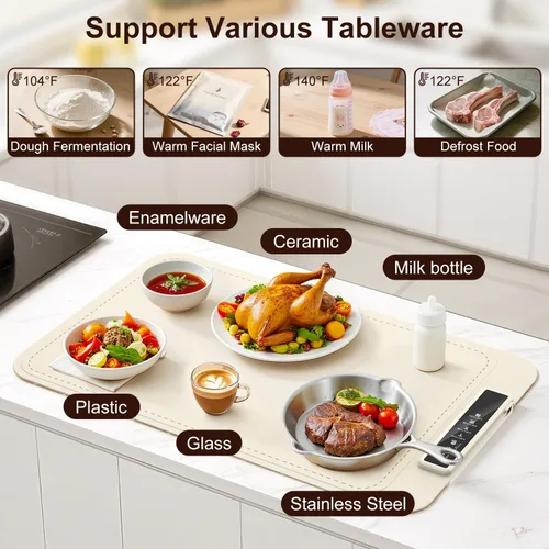 Vista 6 de Tapete de calentamiento para alimentos – Bandeja de calentamiento eléctrica con 4 ajustes de temperatura y temporizador, alfombrilla portátil