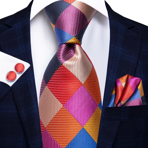 Vista 78 de Hi-Tie Corbata clásica de cachemira para hombre con pañuelo y gemelos a cuadros