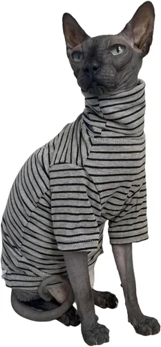 Vista 9 de Camisa de algodón con cuello redondo para gatos sin pelo Sphynx de rayas vintage, ropa para mascotas con mangas, camisetas para gatitos para Sphynx