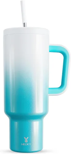 Vista 52 de Meoky - Vaso de 30 oz con asa, tapa y pajilla, taza de viaje térmica de acero inoxidable 100% a prueba de fugas, para portavasos, mantiene el frío