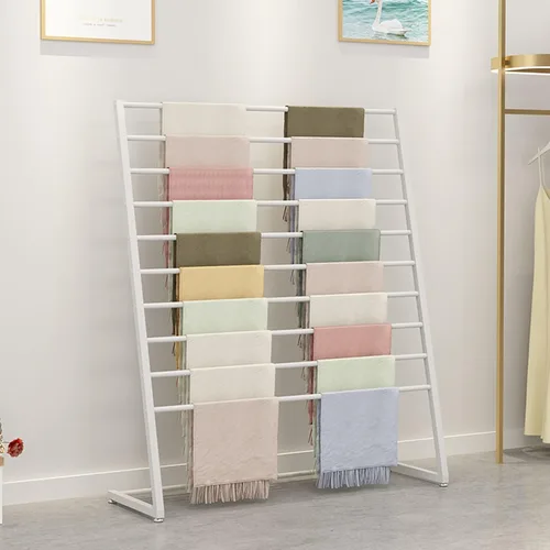 Vista 9 de Organizador de bufandas, soporte de exhibición de metal moderno para bufandas de seda, pantalones, hiyab/chal, estante de almacenamiento de 10 Negro