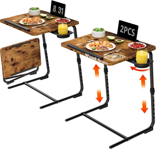 Vista 14 de Bandeja de TV ajustable para cena negra, bandejas plegables para comer en el sofá, mesas de madera, soporte mate, escritorio plegable con portavasos