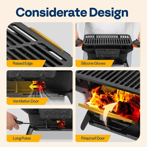 Vista 6 de VIVOHOME Parrilla de carbón rectangular de hierro fundido con rejilla de doble cara, parrilla de barbacoa portátil al aire libre, estufa de mesa
