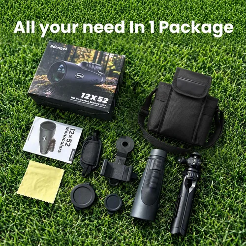 Vista 6 de Monocular compacto de 12 x 52 para adultos de alta potencia con visión Prisma BAK4, lente FMC, con adaptador de teléfono, trípode, correa de mano