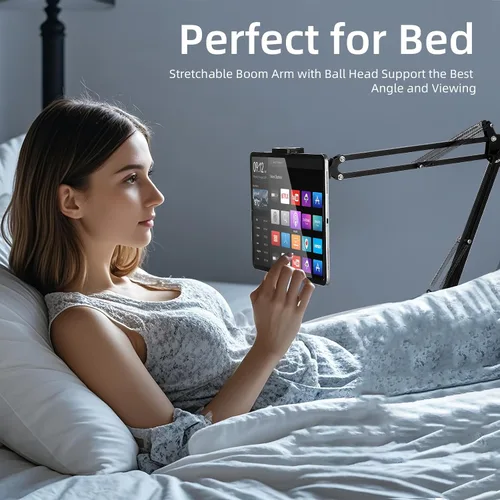 Vista 4 de Soporte de piso para tablet con base estable de 12 libras, soporte para teléfono iPad con brazo elástico de altura ajustable para iPad Pro Air Mini