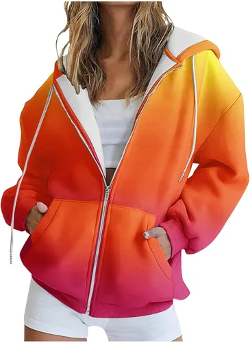 Vista 2 de Sudaderas casuales de manga larga para mujer, sudaderas con capucha con estampado gráfico degradado, con cremallera, cómoda sudadera a la moda