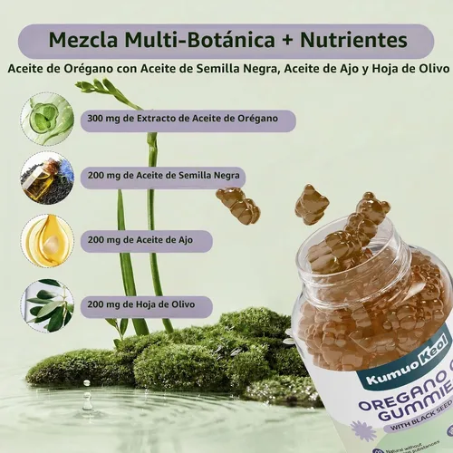 Vista 3 de Gomitas de aceite de orégano con aceite de semilla negra, ajo y saúco, 60