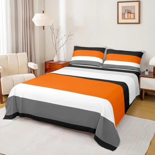 Vista 10 de Juego de sábanas de triángulo geométrico, color naranja, gris oscuro, gris claro, juego de ropa de cama individual para adolescentes y niñas, juego