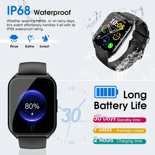 Vista 6 de Reloj inteligente para hombres y mujeres (respuesta/hacer llamadas), reloj de fitness HD de 1.85 pulgadas con monitor de frecuencia cardíaca y Negro