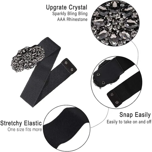 Vista 4 de Dorchid Cinturón de Rhinstone para mujer, hebilla de cristal completa, cintura elástica ancha de 7