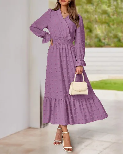 Vista 8 de BTFBM Vestidos de otoño 2023 para mujer, manga larga, cuello en V, lunares suizos, vestido largo bohemio, vestido largo de cintura alta, vestido