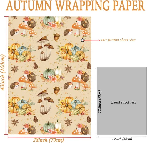 Vista 5 de SaringSwoon Papel de Regalo de Otoño para Niños y Adultos - Papel de Regalo de Bosque con Diseño de Erizo, Calabaza y Hongos para Otoño, Cumpleaños