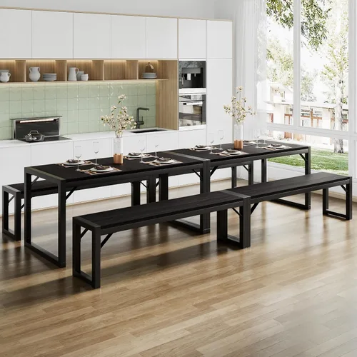 Vista 8 de SHA CERLIN Juego de mesa de comedor de cocina para 4 personas con bancos, comedor rústico pequeño que ahorra espacio, marco de metal resistente