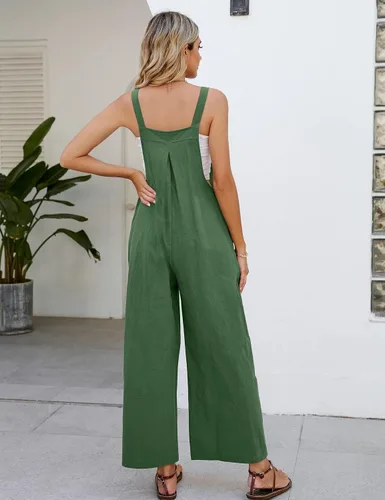 Vista 5 de COZYPOIN Overol con pechera de algodón para mujer, pierna ancha, ajuste holgado, holgado, a la moda, sin mangas