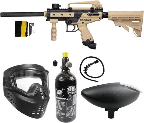 Vista 10 de Maddog Tippmann Cronus Tactical Paintball Gun Marker and Bronze Accessory Starter Package Comes with Marker, Anti-Fog Mask, Hopper, Harness, Pods