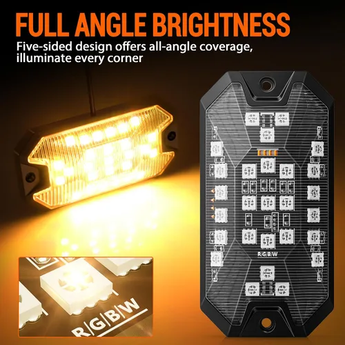 Vista 2 de Luces RGB para Rocas, 8 pods Kits de Luces Underglow de Neón, Control Remoto APP/RF y Modo Musical, Lámparas Inalámbricas Impermeables Multicolor