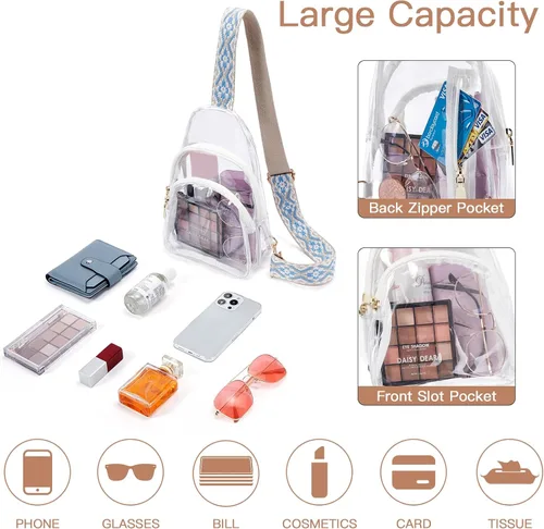 Vista 2 de Telena Riñonera transparente aprobada para estadios, bolsa cruzada para mujer, bolsa de cintura transparente con correa ajustable, 3-blanco