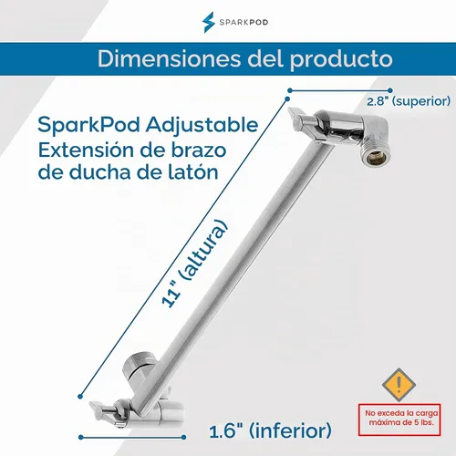 Vista 3 de SparkPod - Extensión de brazo de ducha ajustable de latón macizo, con conexión universal para todos los cabezales de ducha Fácil de instalar