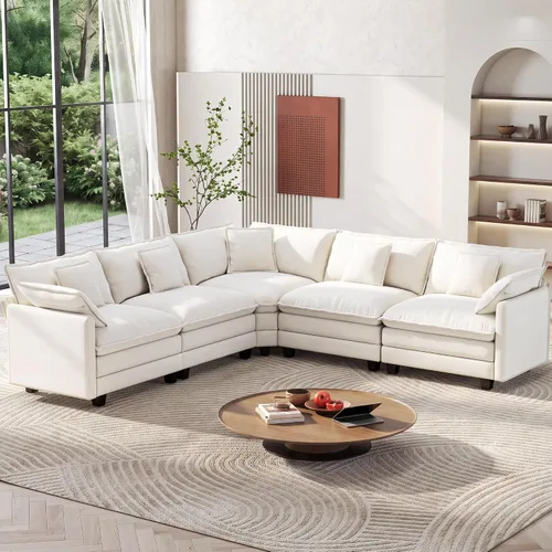 Vista 31 de Ihanherry - Sofá de nube de 3 plazas en L, modular, de asiento profundo, para sala de estar, cómodo cojín de asiento tapizado de doble capa, tela