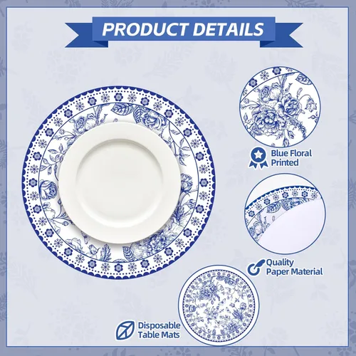 Vista 4 de 50 piezas manteles individuales de papel floral azul de 14 pulgadas, manteles individuales redondos chinoiserie con flores, manteles decorativos