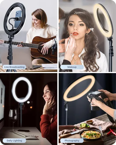 Vista 6 de andobil Anillo de luz de 10 pulgadas con soporte de trípode de 63 pulgadas, anillo de luz LED para selfie con control remoto Bluetooth, soporte