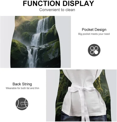 Vista 6 de MUSM Apron for Adults - 27.6 X 31.5 Inch, Heavy-Duty Polyester Aprons with Two Large Pockets, Waterproof Forest Waterfall Kitchen Apron for Cooking