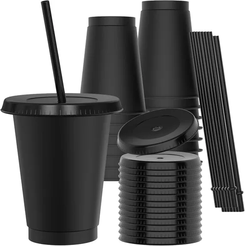 Vista 15 de Vasos de plástico de 24 onzas con tapas y pitillos, tazas de café helado resistentes y seguras para alimentos con tapa, vaso de plástico Negro