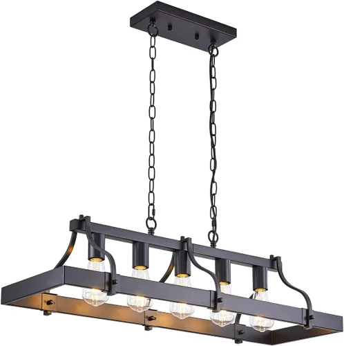 Vista 8 de Candelabros de granja para comedor, lámpara rústica de isla de cocina de 5 luces, techo rectangular industrial industrial negro