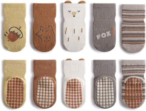 Vista 10 de 5 pares de calcetines antideslizantes de algodón para bebés y niños pequeños con diseño de animales
