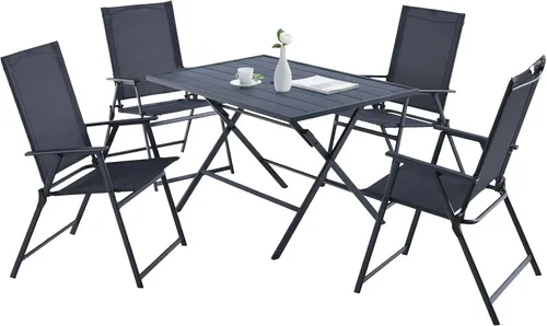 Vista 10 de Tangkula Juego de comedor plegable de 5 piezas para 4, mesa de comedor rectangular grande de metal y 4 sillas plegables de patio, mesa y sillas al